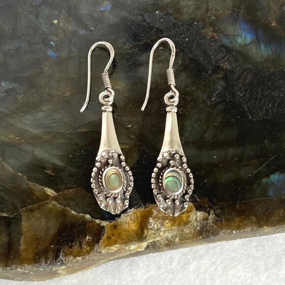 Sterling Silver 925 Dainty Abalone Elongated Dangle Drop Earrings - Picture 10 of 15